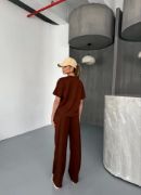 Osy Modal Yumuşak Dokulu Kumaş   Kısa Kollu Bluz Rahat Pantalon Ikili Takım- Bordo resmi